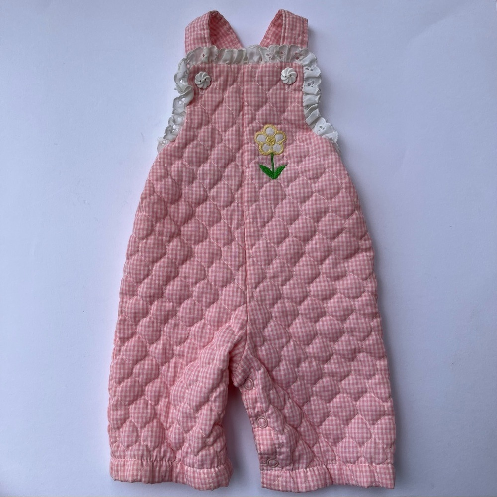 Vintage Carters Quilted Pink Overalls Baby Bibs Eyelet Trim